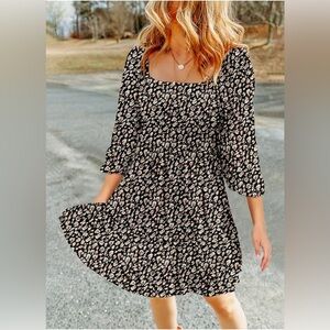 Dokotoo Black and White Smocked Midi Dress with Bishop Sleeves NWT